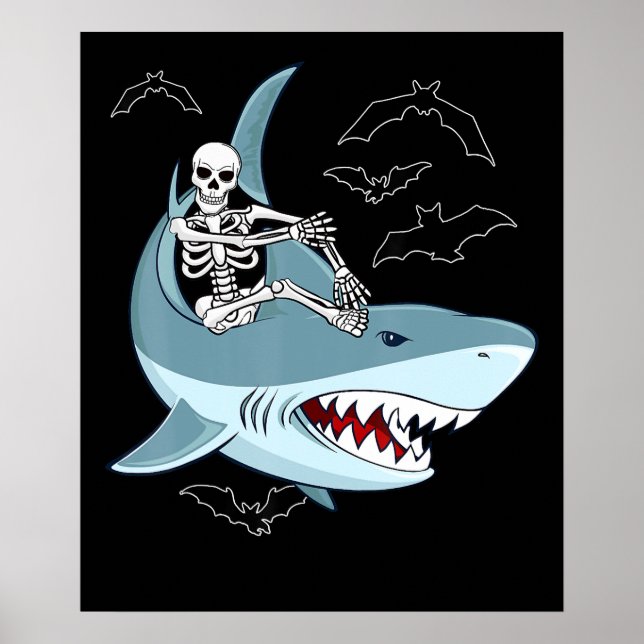 Skeleton Riding Shark Funny Halloween Boys Girls Poster (Front)