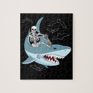Skeleton Riding Shark Funny Halloween Gifts Jigsaw Puzzle
