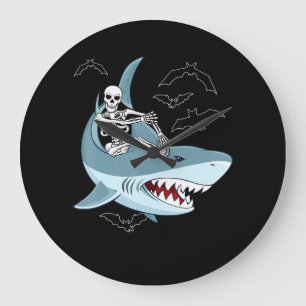 Skeleton Riding Shark Funny Halloween Gifts Large Clock