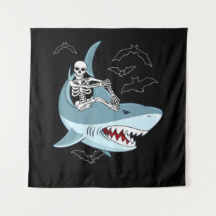 Skeleton Riding Shark Funny Halloween Gifts Tapestry