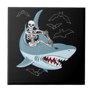 Skeleton Riding Shark Funny Halloween Gifts Tile