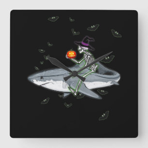 Skeleton Riding Shark - Funny Halloween Shark Gift Square Wall Clock