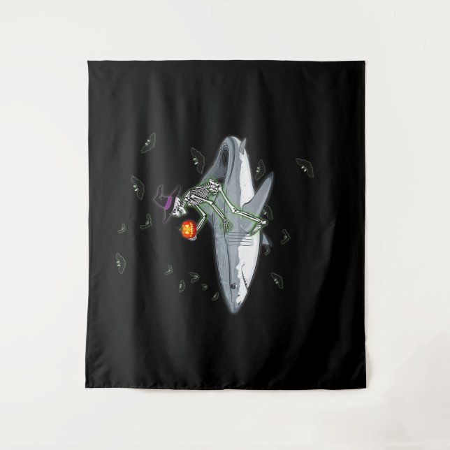 Skeleton Riding Shark - Funny Halloween Shark Gift Tapestry (Front)