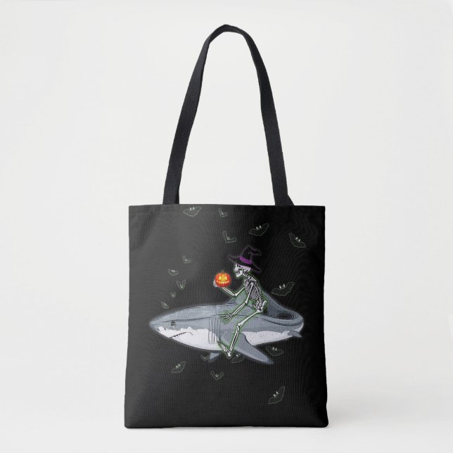 Skeleton Riding Shark - Funny Halloween Shark Gift Tote Bag (Front)