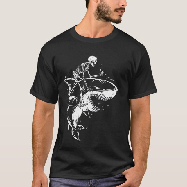 Skeleton Riding Shark Halloween Spooky Animal Bone T-Shirt (Front)