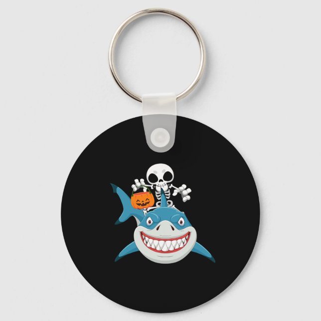 Skeleton Riding Shark Jack O'lantern Pumpkin Hallo Key Ring (Front)