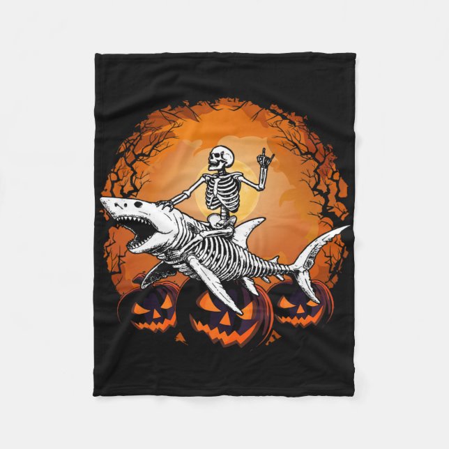 Skeleton Riding Shark Lazy Halloween Costume Funny Fleece Blanket (Front)