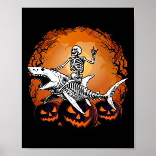 Skeleton Riding Shark Lazy Halloween Costume Funny Poster