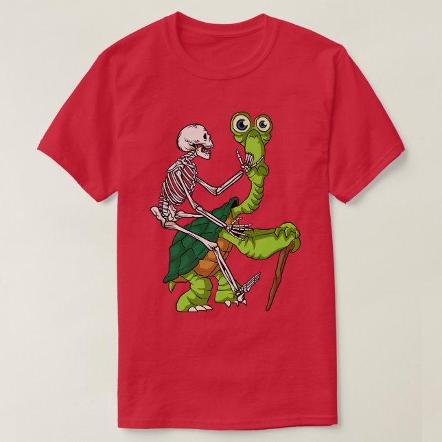Skeleton Riding Turtle Lazy Halloween Costume Funn T-Shirt (Design Front)