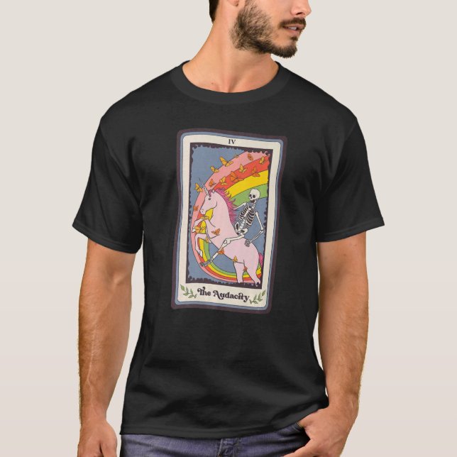 Skeleton Riding Unicorn The Audacity Mystical Taro T-Shirt (Front)