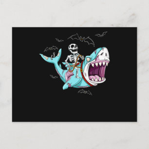 Skeleton Riding Zombie Shark Funny Halloween Gift Announcement Postcard