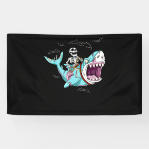 Skeleton Riding Zombie Shark Funny Halloween Gift Banner