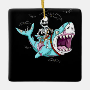 Skeleton Riding Zombie Shark Funny Halloween Gift Ceramic Ornament