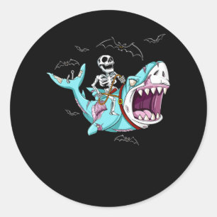 Skeleton Riding Zombie Shark Funny Halloween Gift Classic Round Sticker