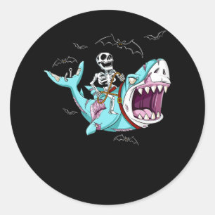 Skeleton Riding Zombie Shark Funny Halloween Gift Classic Round Sticker