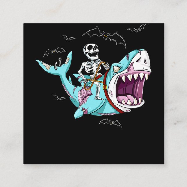 Skeleton Riding Zombie Shark Funny Halloween Gift Square Business Card (Front)