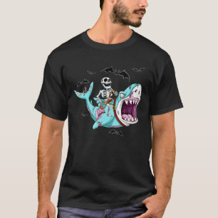 Skeleton Riding Zombie Shark Funny Halloween Gift T-Shirt