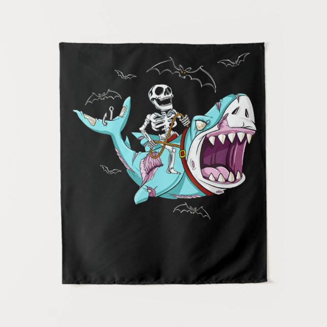 Skeleton Riding Zombie Shark Funny Halloween Gift Tapestry (Front)