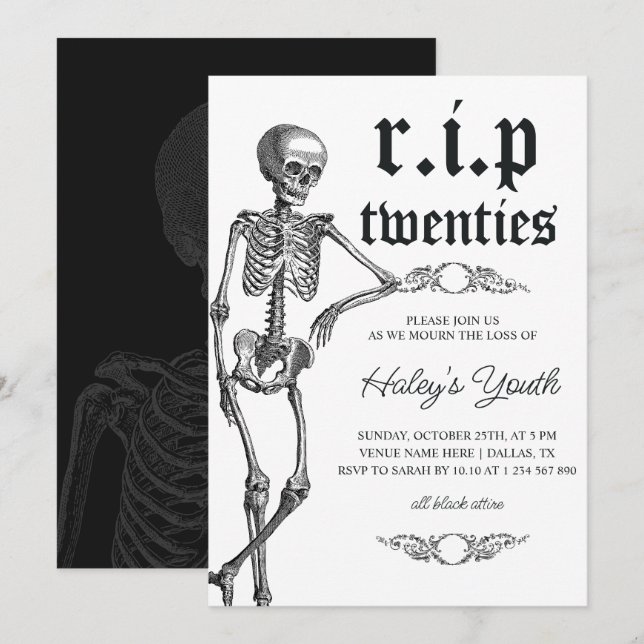 Skeleton RIP Twenties 20s Funny 30th Birthday Invitation (Front/Back)