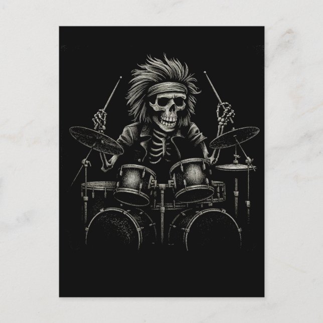 Skeleton Rock Drummer – Spooky Halloween Music Postcard (Front)