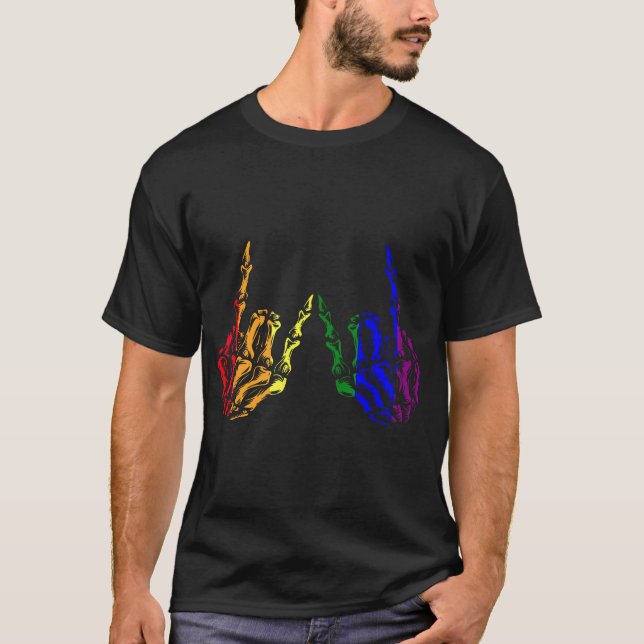 Skeleton Rock Hand Lgbt Q Cool Rainbow Flag  T-Shirt (Front)