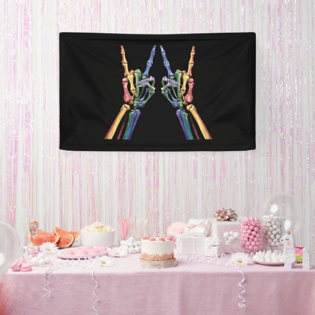 Skeleton Rock Hand LGBTQ Cool Rainbow Flag Gay  Banner (Party)