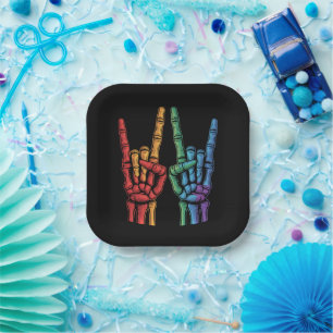 Skeleton Rock Hand LGBTQ Rainbow Flag Gay Pride  Paper Plate