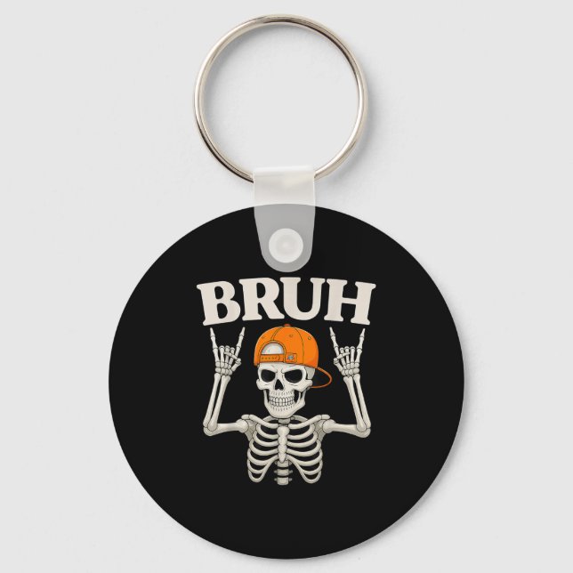 Skeleton Rock On Bruh Halloween For Mens Boys Kids Key Ring (Front)
