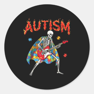Skeleton Rocker Guitarist Autism Awareness Flaming Classic Round Sticker