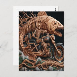 skeleton rode his chopper bike down trail postcard