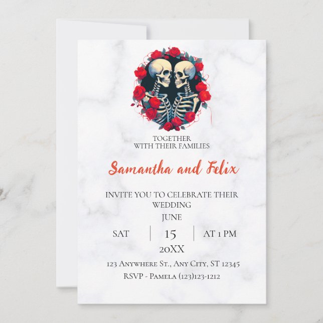 Skeleton Rose Circle Marble Wedding Invitation (Front)