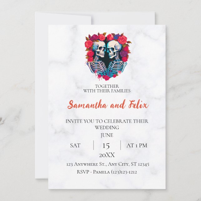 Skeleton Rose Heart Marble Wedding Invitation (Front)