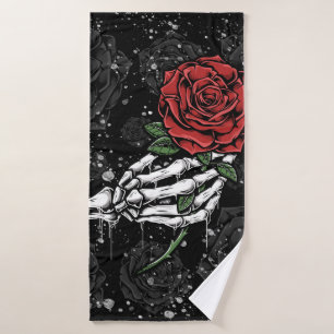 Skeleton Rose Offering Silver Black Gothic Glam Bath Towel Set