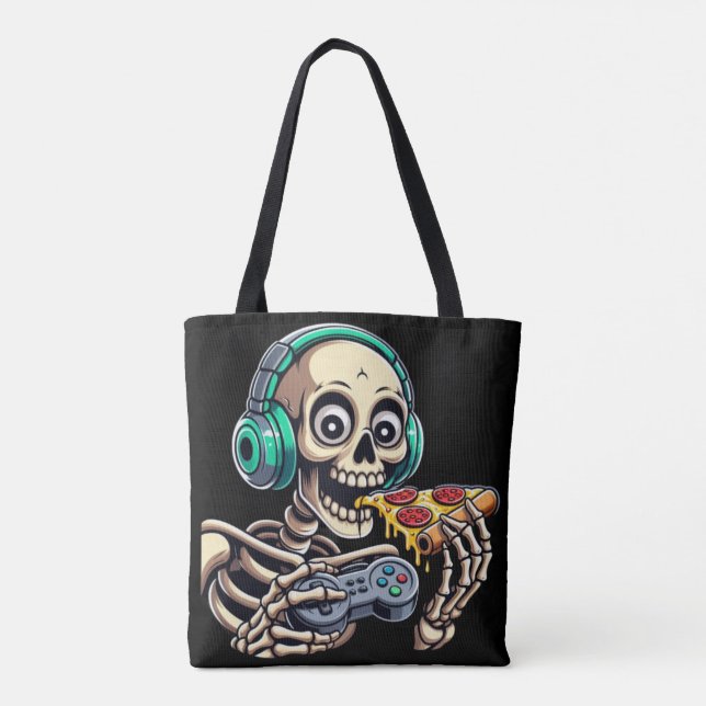 Skeleton’s Ultimate Cheat Day: Cheesy Pizza Gaming Tote Bag (Back)