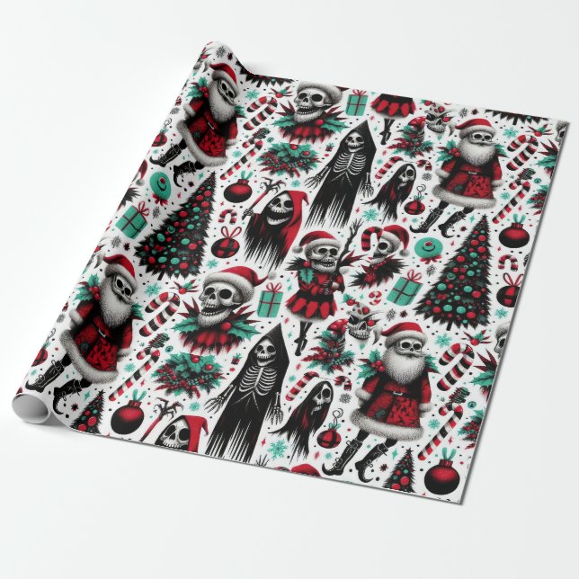 Skeleton Santa & Death Creepy Christmas Pattern Wrapping Paper (Unrolled)