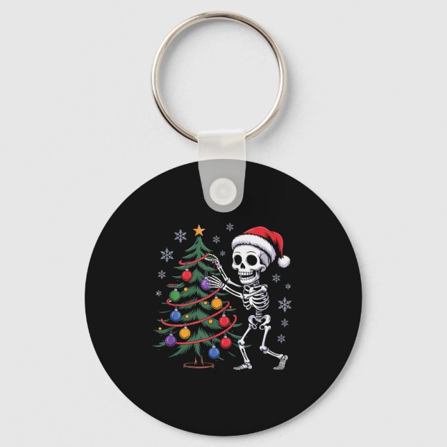 Skeleton Santa Hat Christmas Tree Creepy Cute Xmas Key Ring (Front)