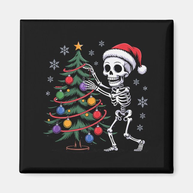 Skeleton Santa Hat Christmas Tree Creepy Cute Xmas Magnet (Front)