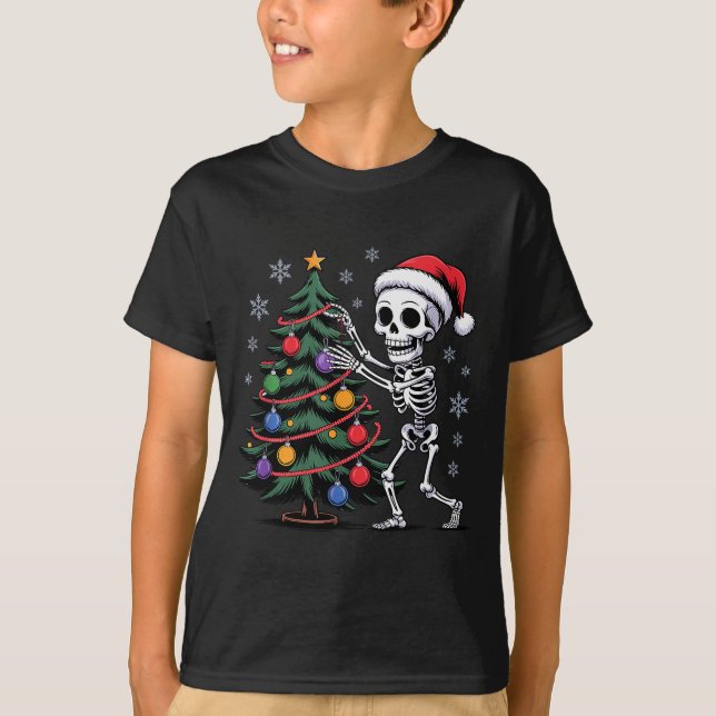 Skeleton Santa Hat Christmas Tree Creepy Cute Xmas T-Shirt (Front)