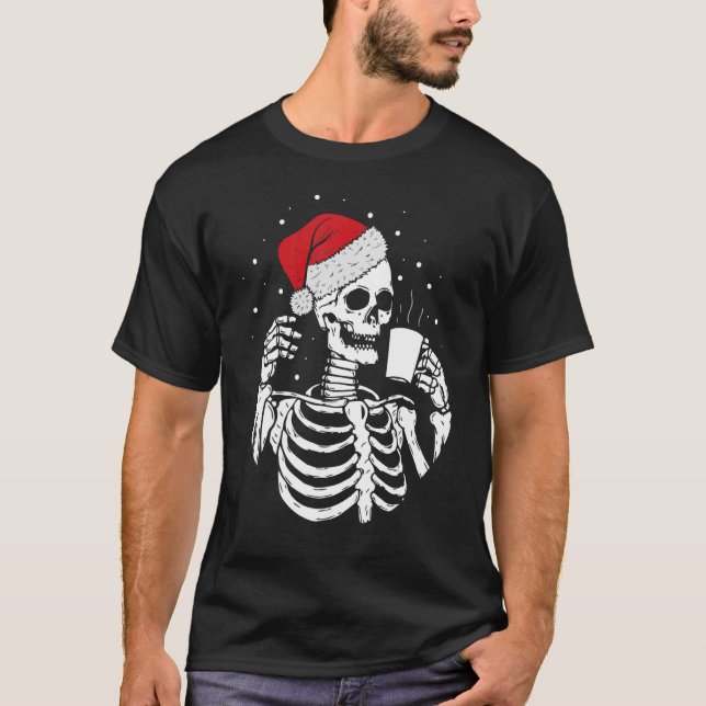 Skeleton Santa Hat Drinking Coffee Christmas T-Shirt (Front)