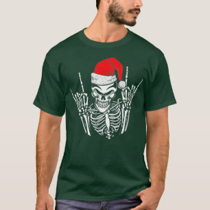 Skeleton Santa Hat Rock And Roll Hand Cool Christm T-Shirt