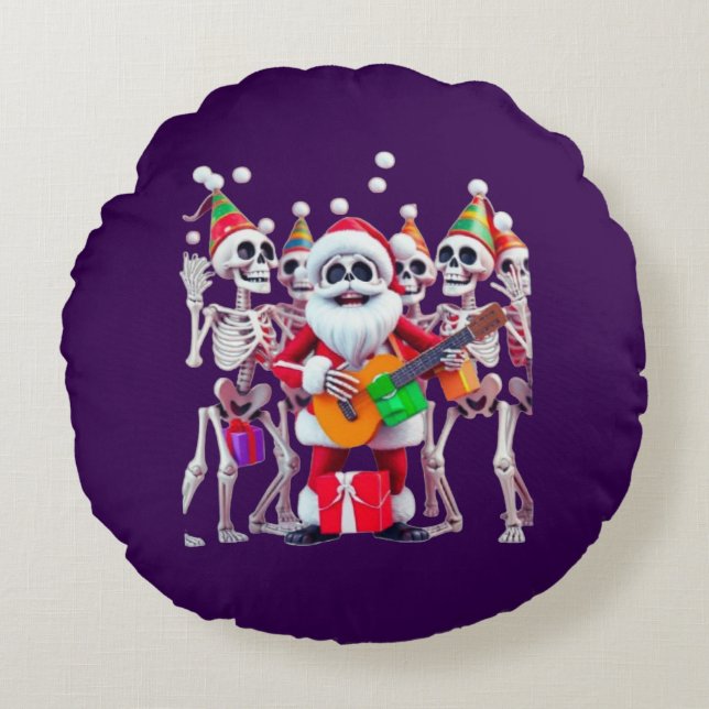 **Skeleton Santa Party – Funny 3D Christmas Skelet Round Cushion (Front)