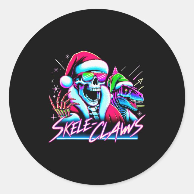 Skeleton Santa Riding T Rex Dinosaur Funny Christm Classic Round Sticker (Front)