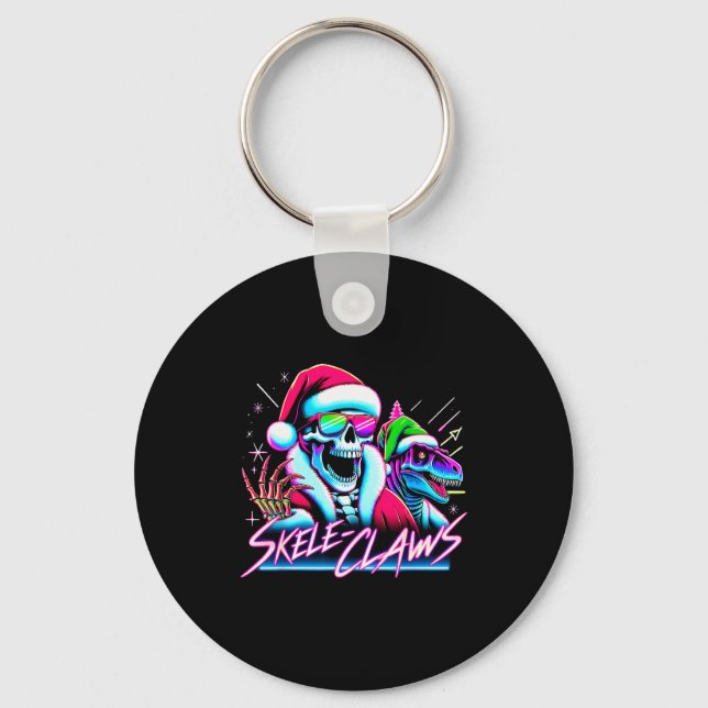 Skeleton Santa Riding T Rex Dinosaur Funny Christm Key Ring (Front)