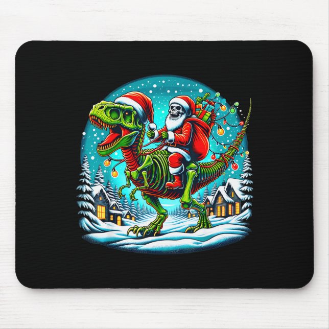 Skeleton Santa Riding T Rex Dinosaur Funny Christm Mouse Mat (Front)