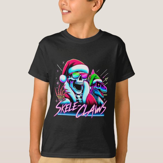 Skeleton Santa Riding T Rex Dinosaur Funny Christm T-Shirt (Front)