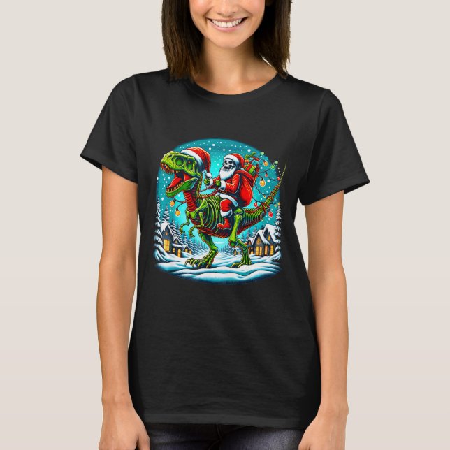 Skeleton Santa Riding T Rex Dinosaur Funny Christm T-Shirt (Front)