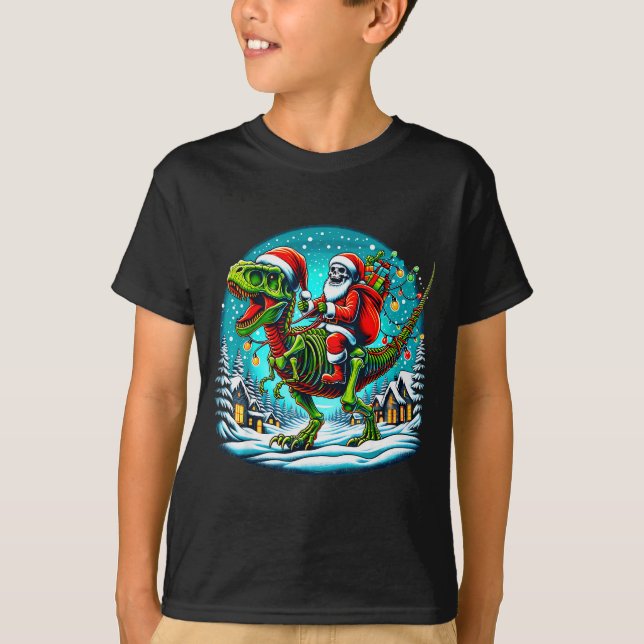 Skeleton Santa Riding T Rex Dinosaur Funny Christm T-Shirt (Front)