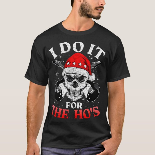 Skeleton Santa Rocker Inappropriate Funny Guitar G T-Shirt (Front)