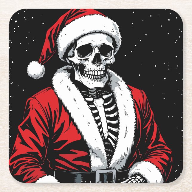 Skeleton Santa Square Paper Coaster (Front)