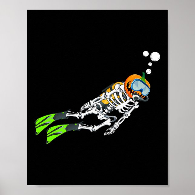 Skeleton Scuba Diving Halloween Pumpkin Diver  Poster (Front)